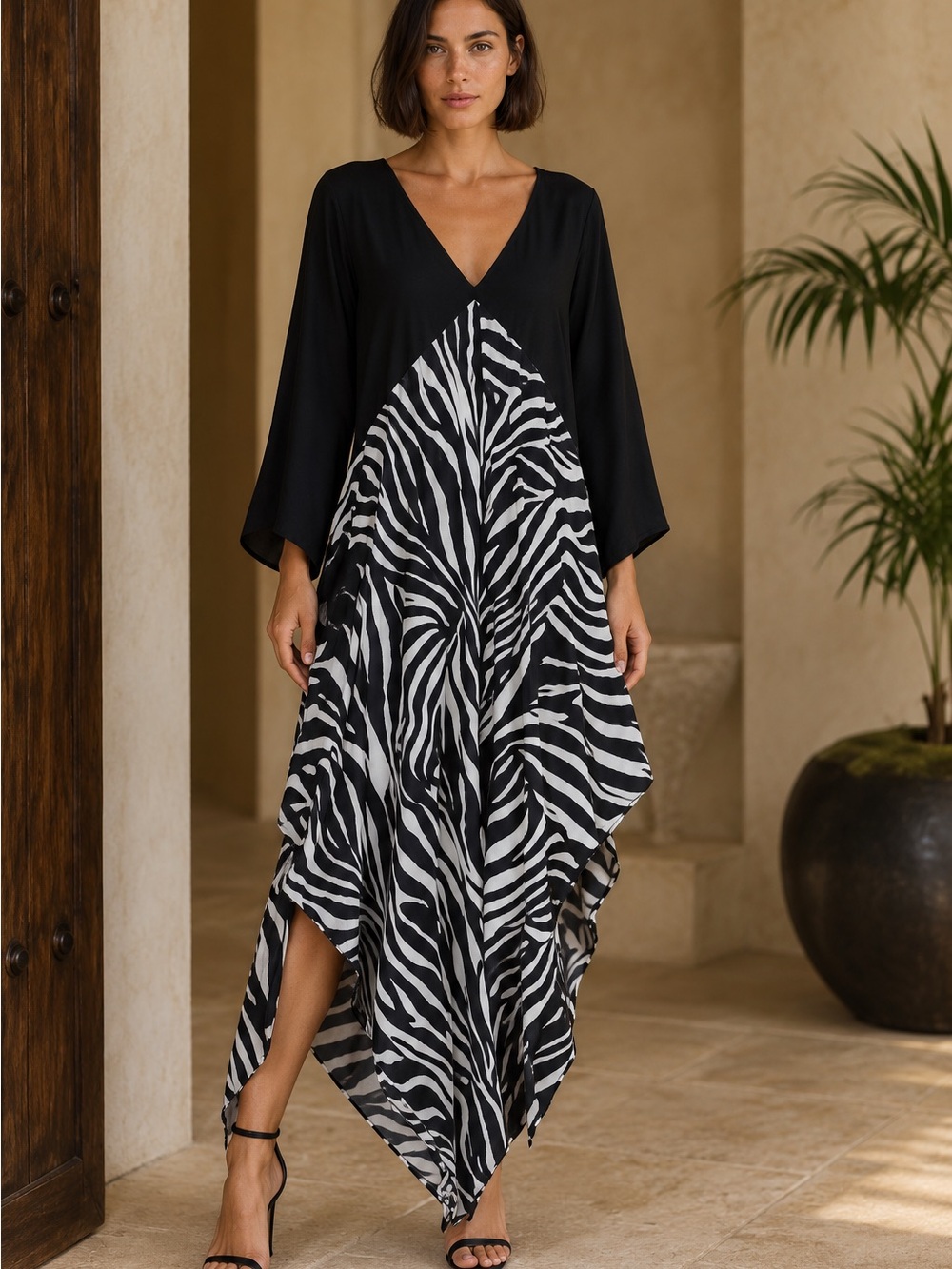 V-Neck Black & White Zebra Asymmetrical Midi Dress